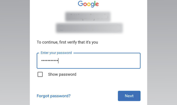 Password from the Marking into Google menu